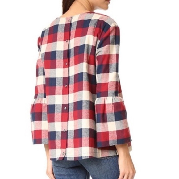 Hatch Plaid Flannel Button Back 3/4 Bell Sleeve Top O/S - Picture 2 of 10